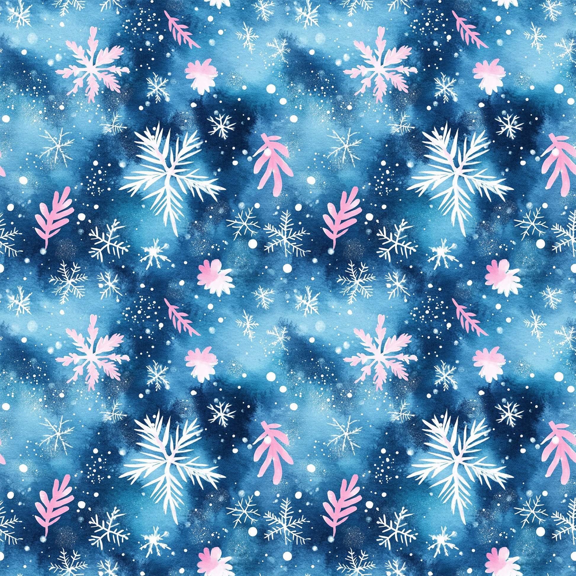watercolor blue, christmas pattern, quilting cotton, fabric panel, snowflakes, winter motifs, pink accents, white snowflakes, navy blue, celestial blue, holiday fabric, seasonal design, watercolor effect, winter wonderland, festive pattern, cotton fabric, quilting material, christmas crafting, holiday sewing, winter theme