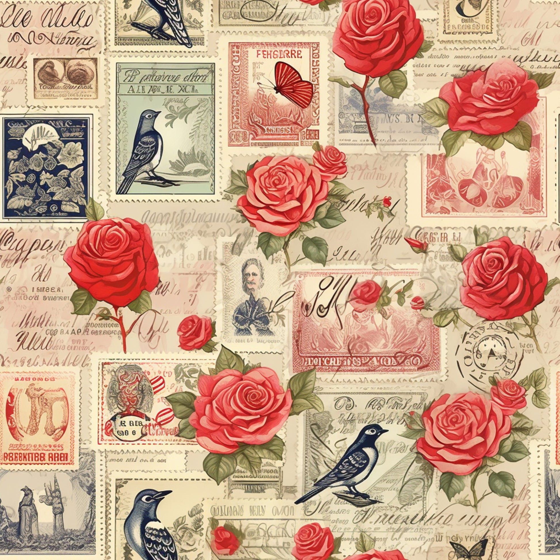 vintage stamps, red roses, coral pink, navy blue, cream background, birds, butterflies, postal theme, romantic pattern, floral motifs, quilting cotton, fabric panel, nostalgic style, antique aesthetic, rose blooms, stamped design, love letters, vintage ephemera, botanical elements, retro charm