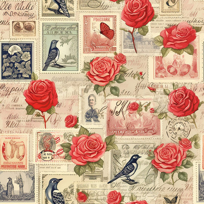 vintage stamps, red roses, coral pink, navy blue, cream background, birds, butterflies, postal theme, romantic pattern, floral motifs, quilting cotton, fabric panel, nostalgic style, antique aesthetic, rose blooms, stamped design, love letters, vintage ephemera, botanical elements, retro charm