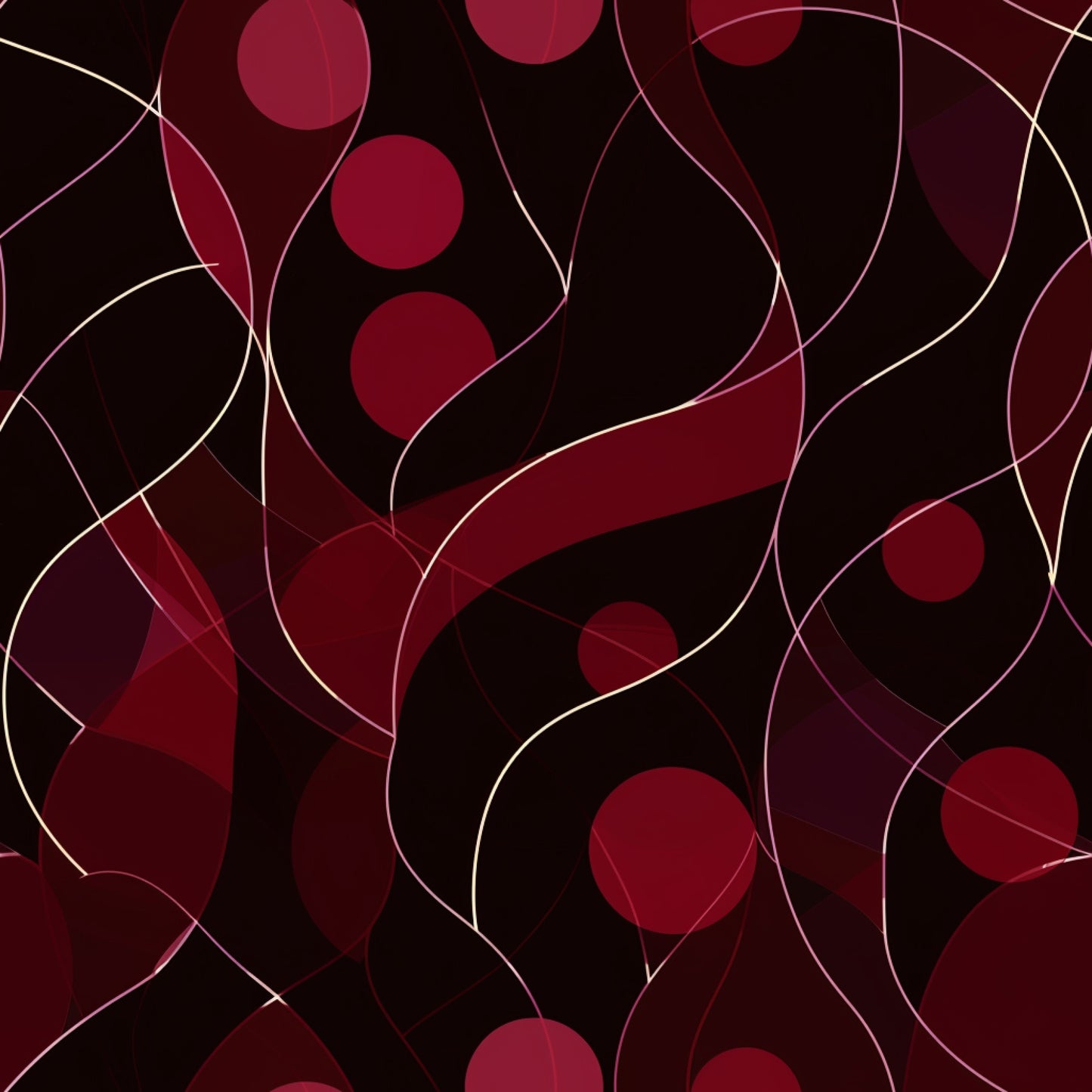 burgundy, deep red, maroon, black, abstract pattern, geometric design, flowing curves, circular motifs, dots, swirls, modern art, contemporary style, quilting cotton, fabric panel, sophisticated, elegant, wine colors, organic shapes, layered design, artistic composition