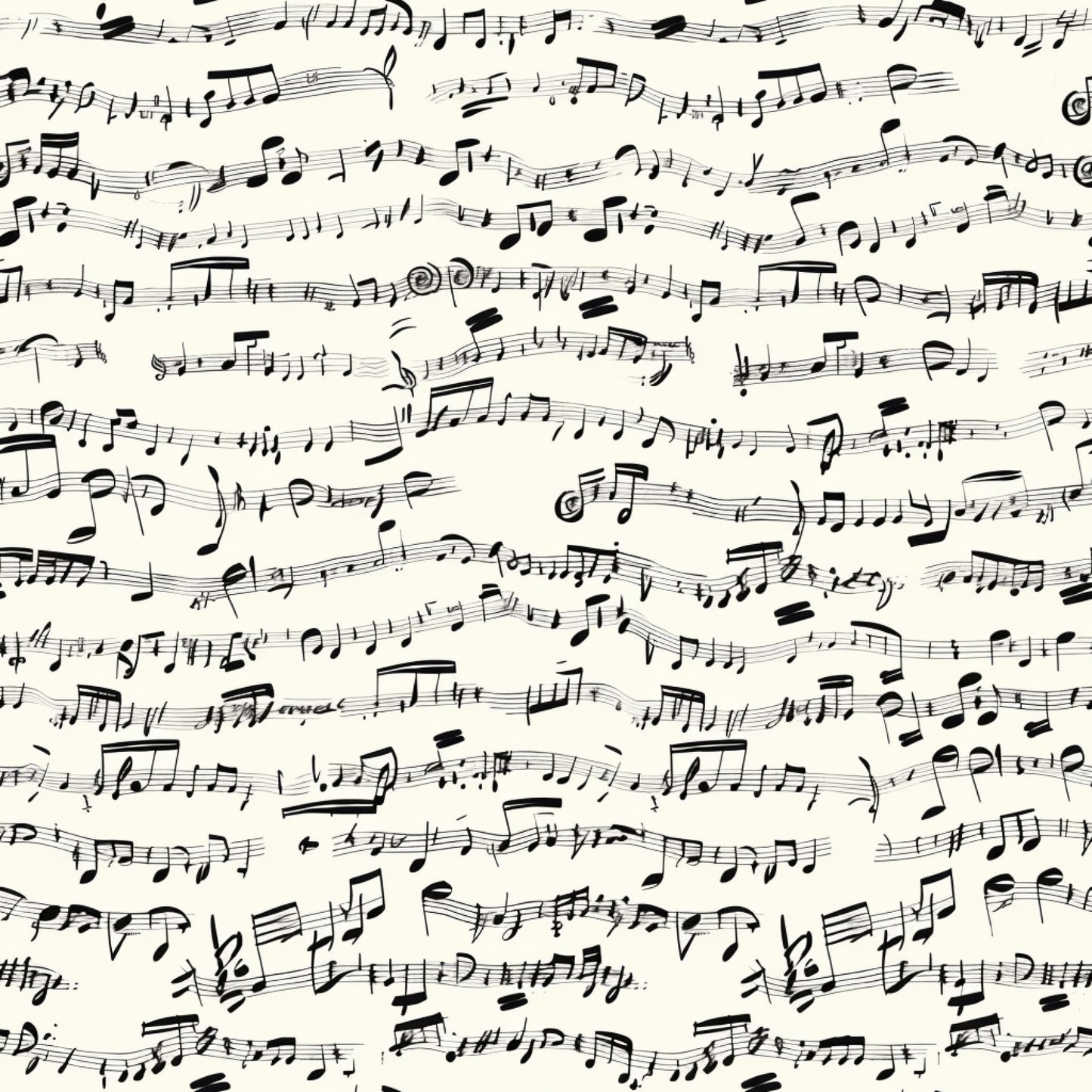 cream background, black ink, handwritten musical notes, sheet music, musical staff lines, treble clefs, bass clefs, scattered notes, vintage style, artistic penmanship, quilting cotton, fabric panel, monochrome design, music themed, elegant script, flowing composition, seamless pattern, craft fabric, sewing material