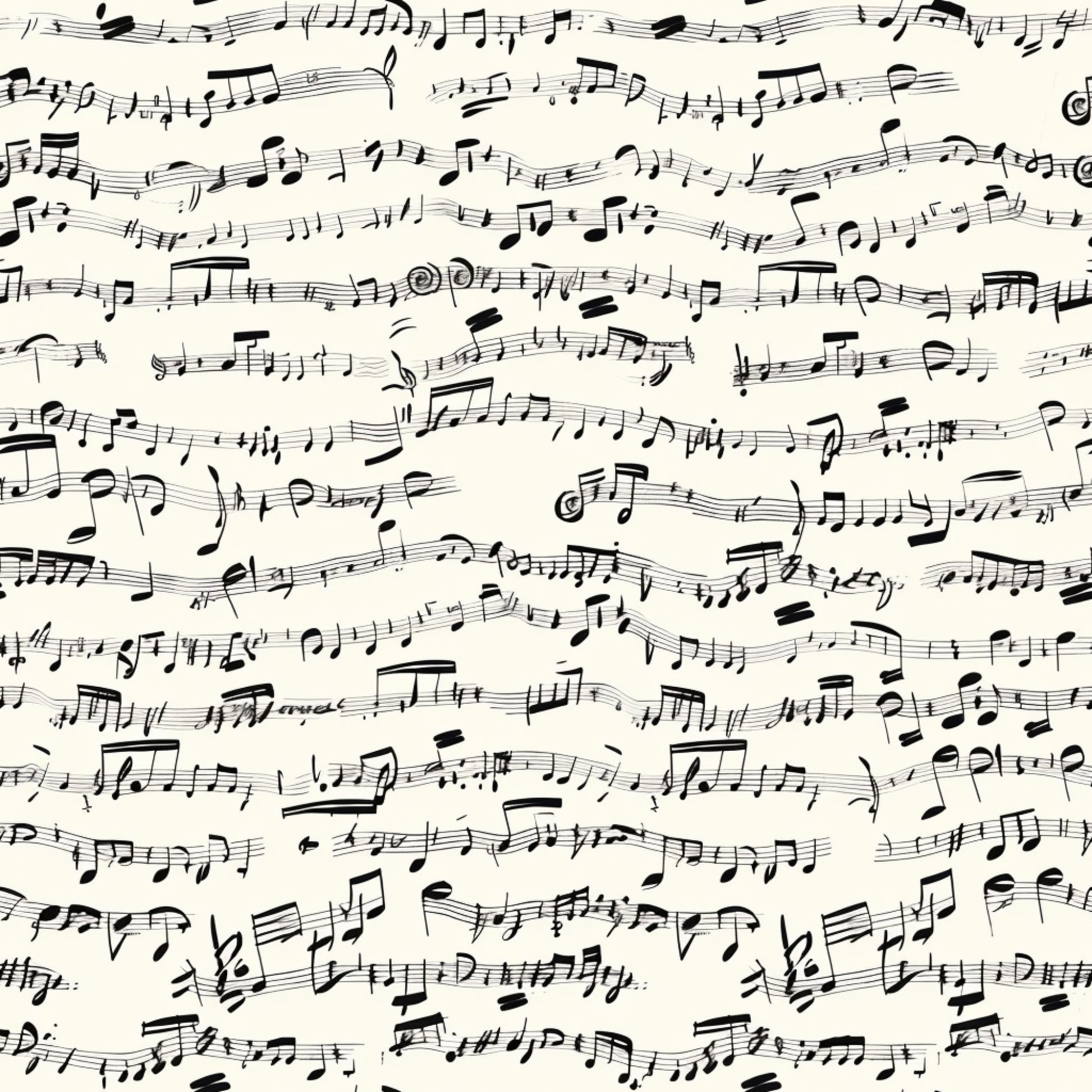 cream background, black ink, handwritten musical notes, sheet music, musical staff lines, treble clefs, bass clefs, scattered notes, vintage style, artistic penmanship, quilting cotton, fabric panel, monochrome design, music themed, elegant script, flowing composition, seamless pattern, craft fabric, sewing material