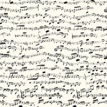 cream background, black ink, handwritten musical notes, sheet music, musical staff lines, treble clefs, bass clefs, scattered notes, vintage style, artistic penmanship, quilting cotton, fabric panel, monochrome design, music themed, elegant script, flowing composition, seamless pattern, craft fabric, sewing material