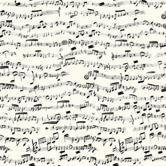 cream background, black ink, handwritten musical notes, sheet music, musical staff lines, treble clefs, bass clefs, scattered notes, vintage style, artistic penmanship, quilting cotton, fabric panel, monochrome design, music themed, elegant script, flowing composition, seamless pattern, craft fabric, sewing material