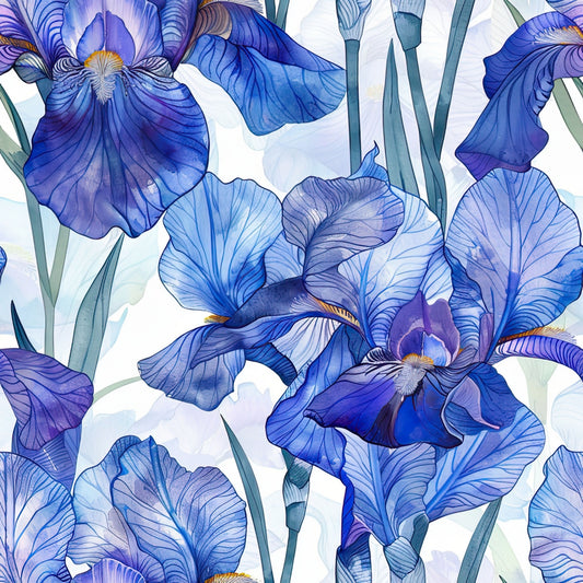 iris flowers, blue petals, purple blooms, watercolor style, botanical pattern, floral design, quilting cotton, fabric panel, spring flowers, periwinkle blue, lavender purple, green stems, garden flowers, artistic florals, nature motif, soft pastels, delicate petals, blooming irises, fabric crafting, sewing material