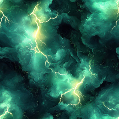 emerald green, forest green, lime green, yellow green, lightning bolts, thunderstorm, electric patterns, dramatic clouds, swirling storm clouds, quilting cotton, fabric panel, stormy atmosphere, nature elements, energy patterns, bright lightning, dark storm clouds, electric green, weather themed, striking bolts, atmospheric design