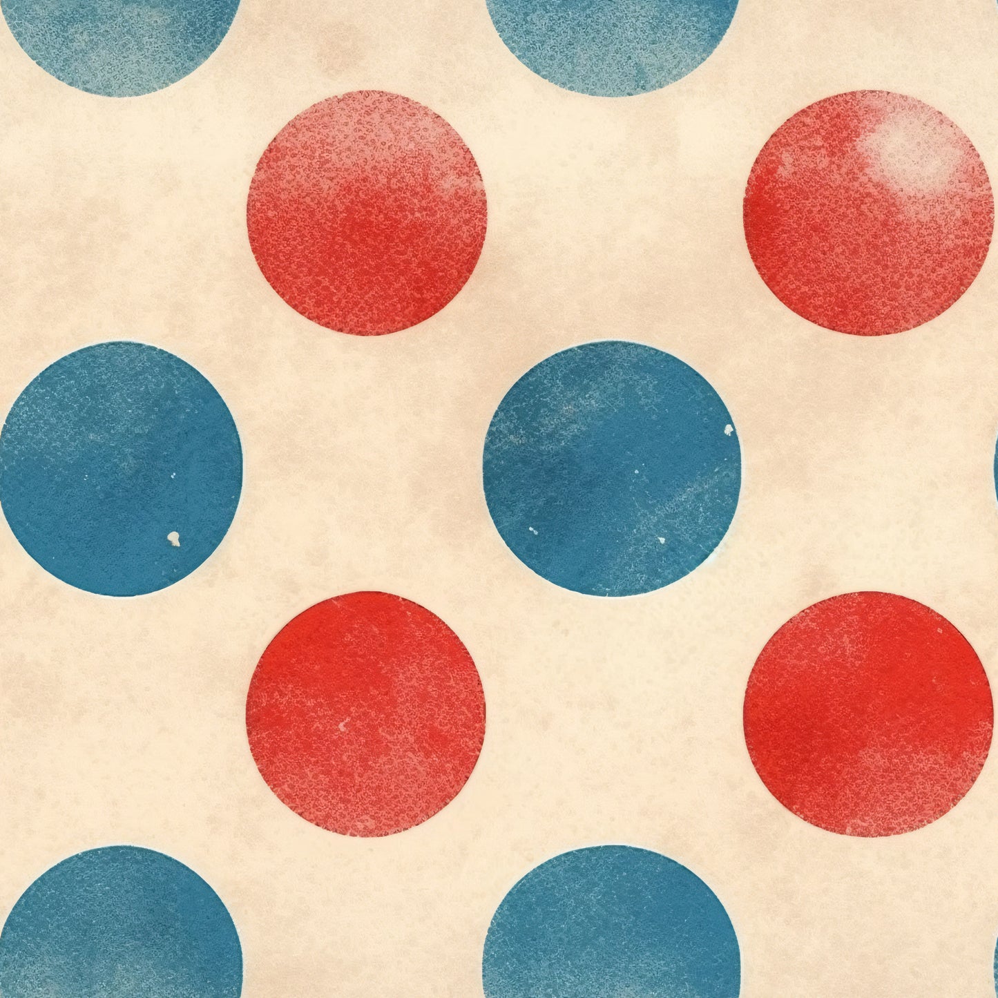 distressed texture, patriotic colors, red circles, blue circles, polka dots, cream background, vintage finish, worn appearance, cotton fabric, quilting panel, americana theme, circular pattern, weathered look, geometric design, repeating motif, textile print, crafting material, faded effect, rustic style