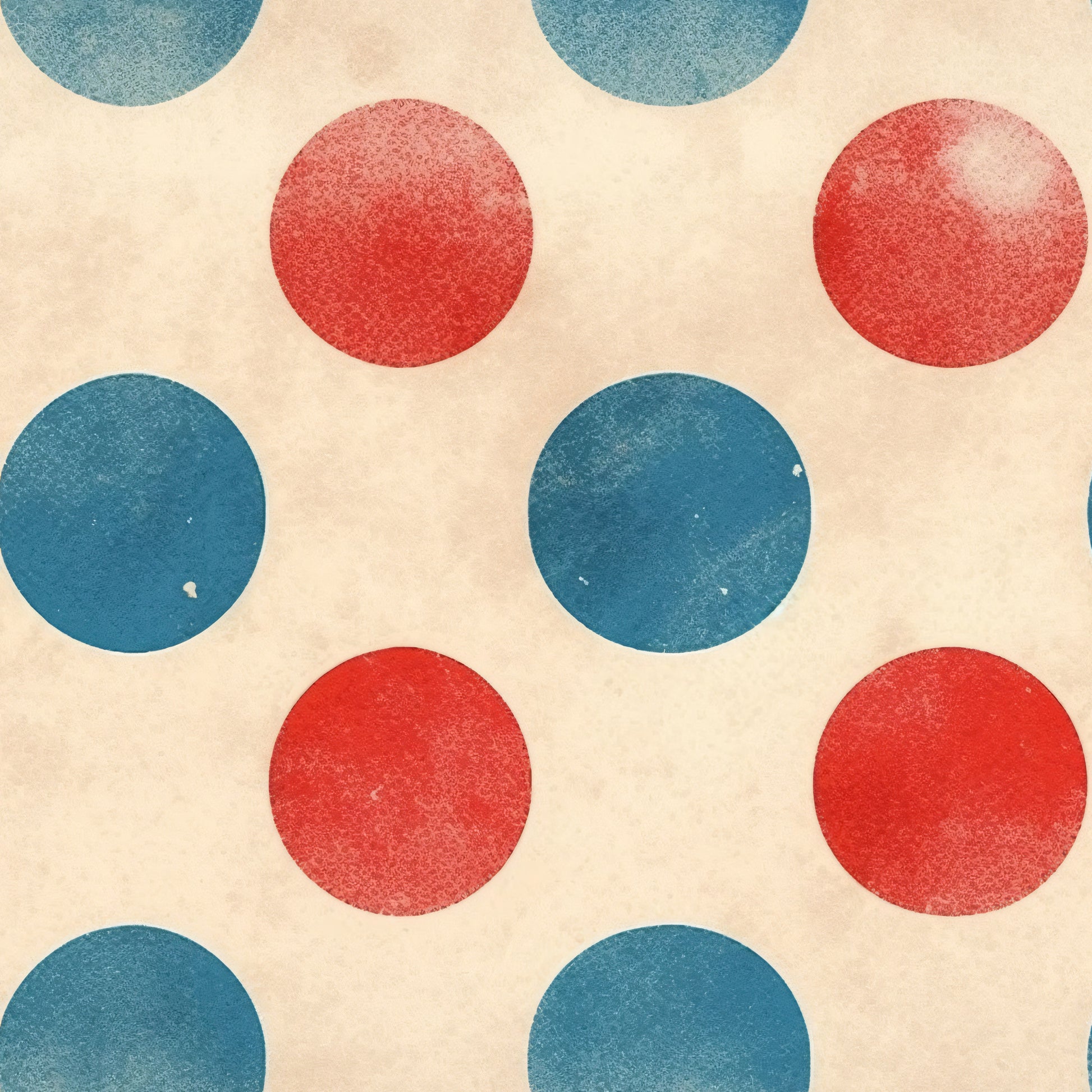 distressed texture, patriotic colors, red circles, blue circles, polka dots, cream background, vintage finish, worn appearance, cotton fabric, quilting panel, americana theme, circular pattern, weathered look, geometric design, repeating motif, textile print, crafting material, faded effect, rustic style
