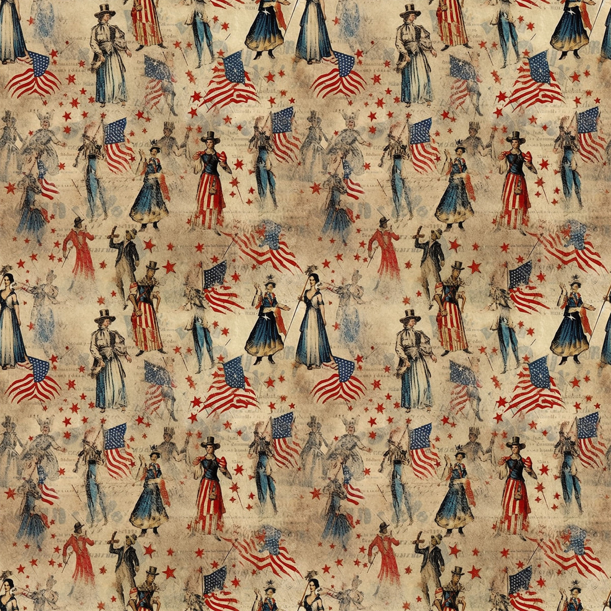 americana, patriotic, vintage, red, blue, beige, cream, uncle sam, american flags, stars, historical figures, civil war era, period costumes, top hats, military uniforms, quilting cotton, fabric panel, repeating pattern, nostalgic, weathered texture, colonial dress, striped patterns