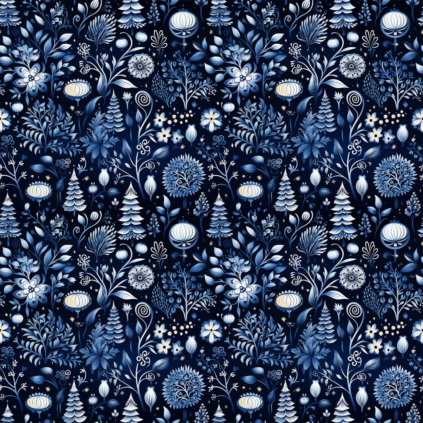 delft blue, navy blue, white, cream, winter pattern, floral motifs, evergreen trees, ornamental flowers, folk art style, botanical design, decorative ornaments, scandinavian inspired, quilting cotton, fabric panel, seamless pattern, intricate details, winter theme, stylized florals, blue and white, repeating design