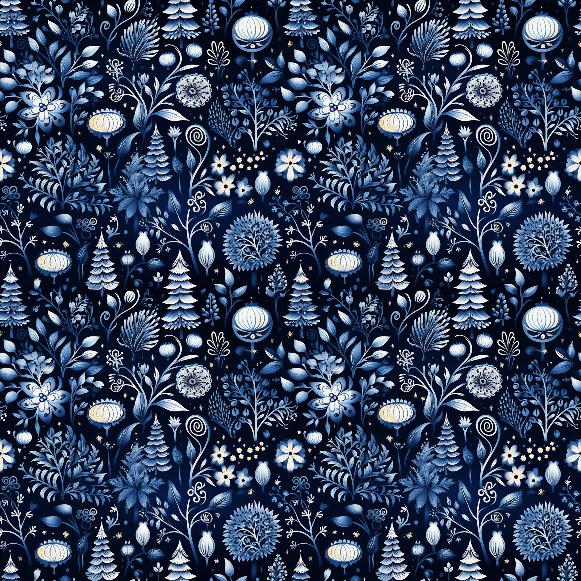 delft blue, navy blue, white, cream, winter pattern, floral motifs, evergreen trees, ornamental flowers, folk art style, botanical design, decorative ornaments, scandinavian inspired, quilting cotton, fabric panel, seamless pattern, intricate details, winter theme, stylized florals, blue and white, repeating design
