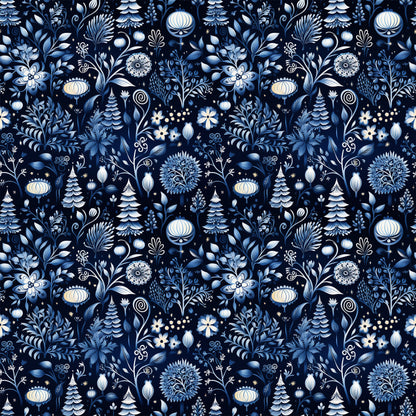 delft blue, navy blue, white, cream, winter pattern, floral motifs, evergreen trees, ornamental flowers, folk art style, botanical design, decorative ornaments, scandinavian inspired, quilting cotton, fabric panel, seamless pattern, intricate details, winter theme, stylized florals, blue and white, repeating design