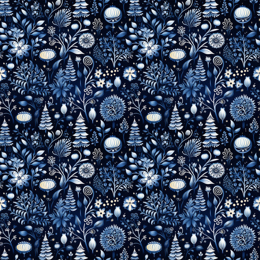 delft blue, navy blue, white, cream, winter pattern, floral motifs, evergreen trees, ornamental flowers, folk art style, botanical design, decorative ornaments, scandinavian inspired, quilting cotton, fabric panel, seamless pattern, intricate details, winter theme, stylized florals, blue and white, repeating design