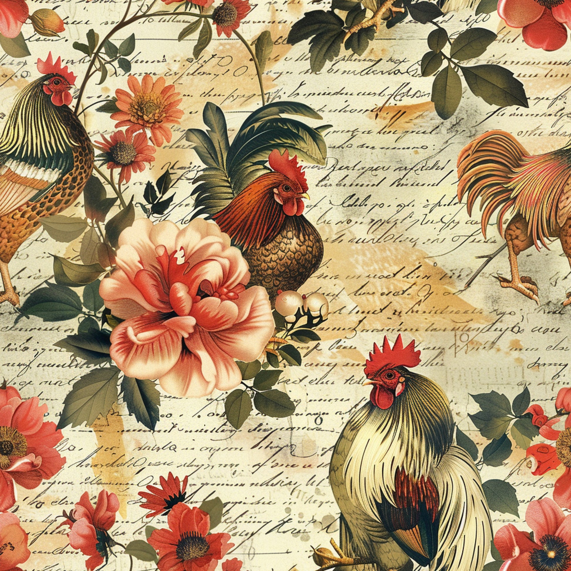 roosters, chickens, coral flowers, peach blooms, vintage script, handwritten text, farm animals, botanical elements, olive green leaves, cream background, country style, quilting cotton, fabric panel, floral pattern, farmhouse theme, rustic charm, detailed illustration, coral pink, golden yellow, nature motif
