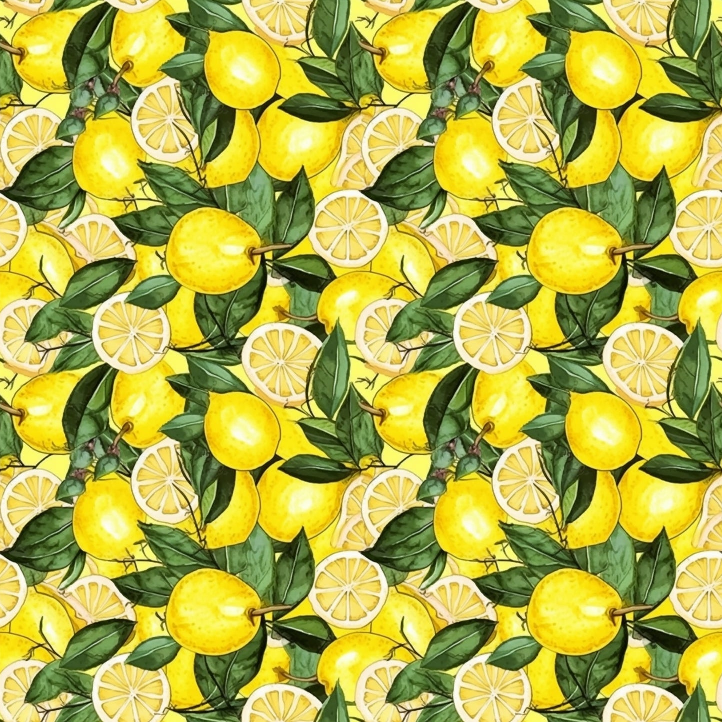 yellow, bright green, lemon pattern, citrus fruit, lemon slices, botanical leaves, repeating pattern, quilting cotton, fabric panel, cheerful mood, summer theme, kitchen theme, fruit motif, seamless design, vibrant colors, fresh citrus, watercolor style, cooking theme, sunny disposition