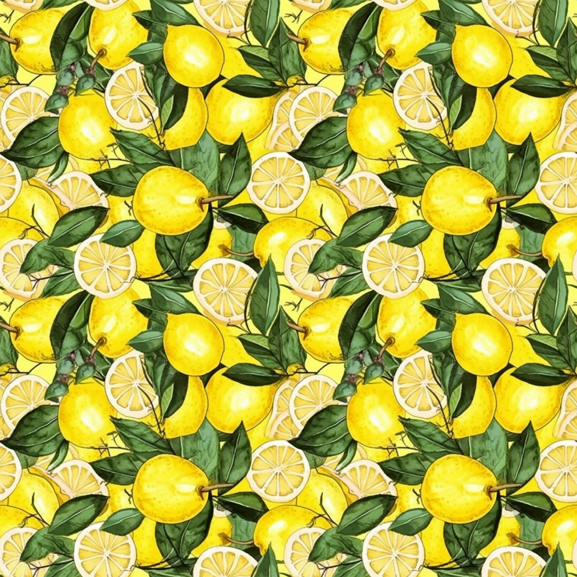 yellow, bright green, lemon pattern, citrus fruit, lemon slices, botanical leaves, repeating pattern, quilting cotton, fabric panel, cheerful mood, summer theme, kitchen theme, fruit motif, seamless design, vibrant colors, fresh citrus, watercolor style, cooking theme, sunny disposition