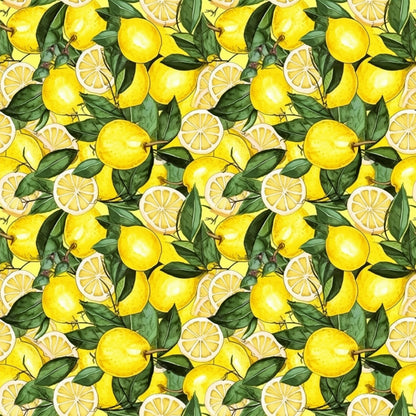 yellow, bright green, lemon pattern, citrus fruit, lemon slices, botanical leaves, repeating pattern, quilting cotton, fabric panel, cheerful mood, summer theme, kitchen theme, fruit motif, seamless design, vibrant colors, fresh citrus, watercolor style, cooking theme, sunny disposition