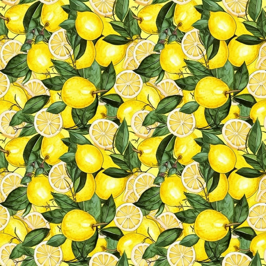 yellow, bright green, lemon pattern, citrus fruit, lemon slices, botanical leaves, repeating pattern, quilting cotton, fabric panel, cheerful mood, summer theme, kitchen theme, fruit motif, seamless design, vibrant colors, fresh citrus, watercolor style, cooking theme, sunny disposition