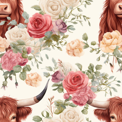 highland cows, vintage roses, floral pattern, reddish brown fur, coral pink roses, cream roses, purple roses, peach roses, green leaves, botanical elements, quilting cotton, fabric panel, rustic charm, farmhouse style, soft pastels, watercolor style, repeating pattern, cow faces, horned cattle, cottage core