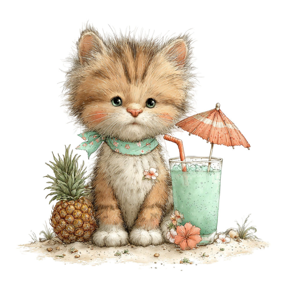Whimsical Summer Cat Fabric Panel 41