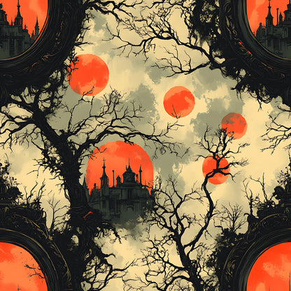 blood moon, orange red, sepia tones, gothic manor, bare trees, spooky atmosphere, haunted house, multiple moons, eerie silhouettes, vintage illustration, horror theme, quilting cotton, fabric panel, dark branches, mysterious castle, autumn colors, supernatural scene, gothic architecture, creepy landscape, halloween motif