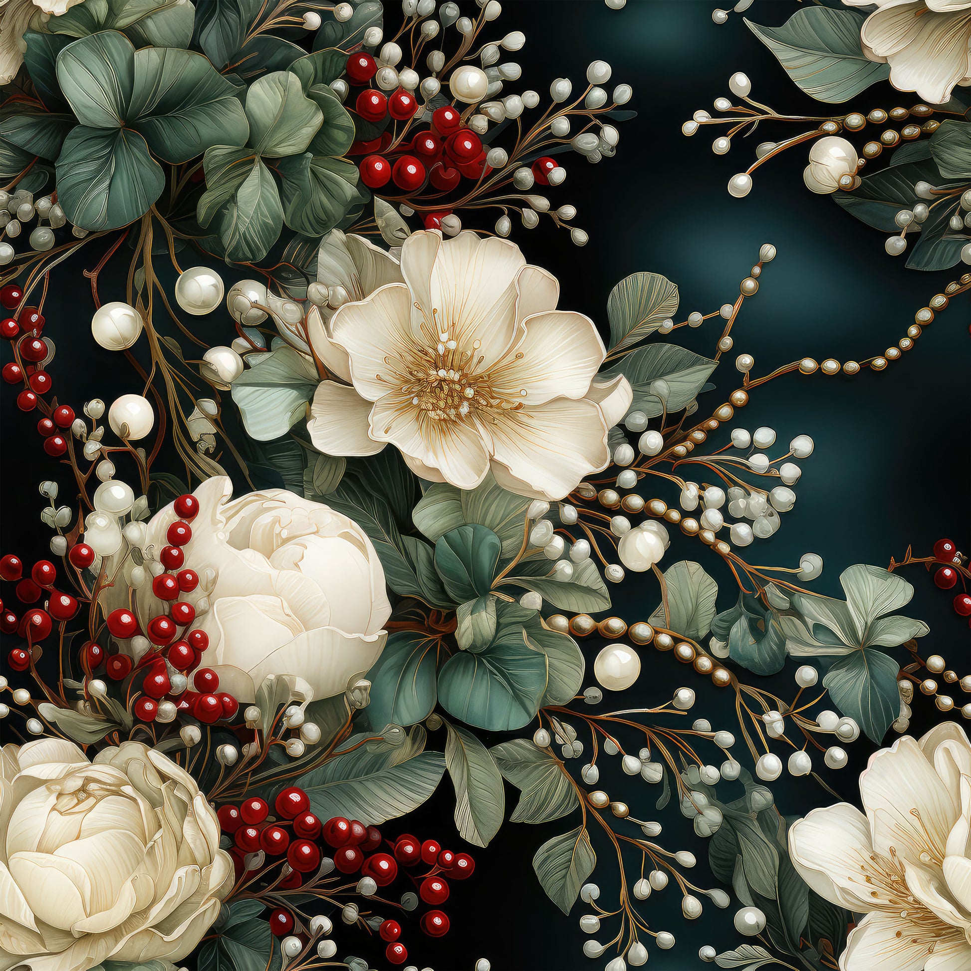 christmas florals, winter flowers, cream peonies, white roses, red berries, pearl accents, sage green leaves, dark teal background, botanical pattern, holiday floral, quilting cotton, fabric panel, elegant blooms, festive botanicals, luxurious pearls, vintage style, romantic florals, winter bouquet, holiday crafting, cotton fabric