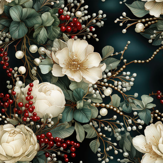 christmas florals, winter flowers, cream peonies, white roses, red berries, pearl accents, sage green leaves, dark teal background, botanical pattern, holiday floral, quilting cotton, fabric panel, elegant blooms, festive botanicals, luxurious pearls, vintage style, romantic florals, winter bouquet, holiday crafting, cotton fabric