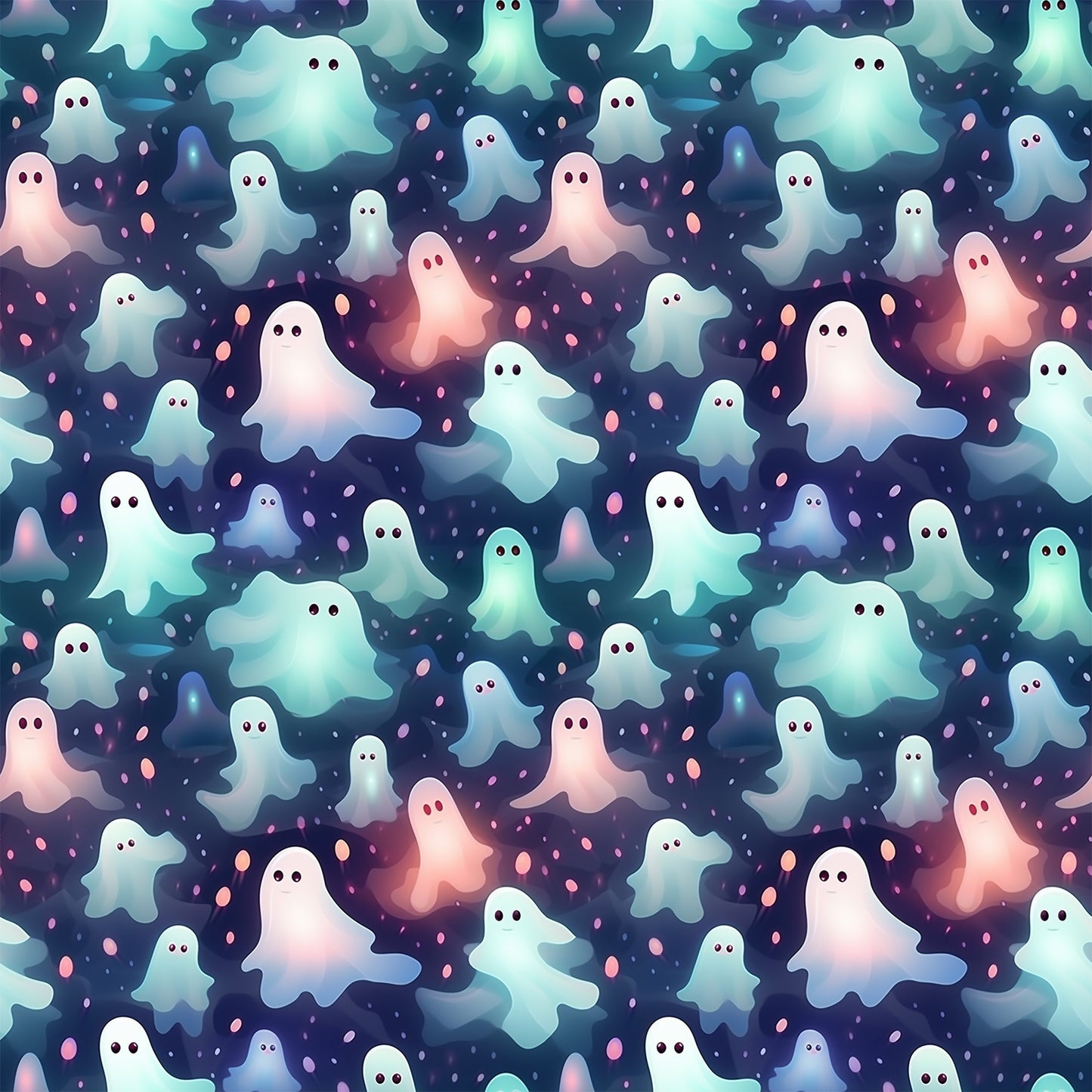 ghost pattern, halloween fabric, quilting cotton, cute ghosts, pastel colors, mint green, coral pink, navy blue, white ghosts, spooky characters, seamless pattern, kawaii style, whimsical design, october theme, supernatural motif, fabric panel, crafting material, floating spirits, starry background, festive pattern