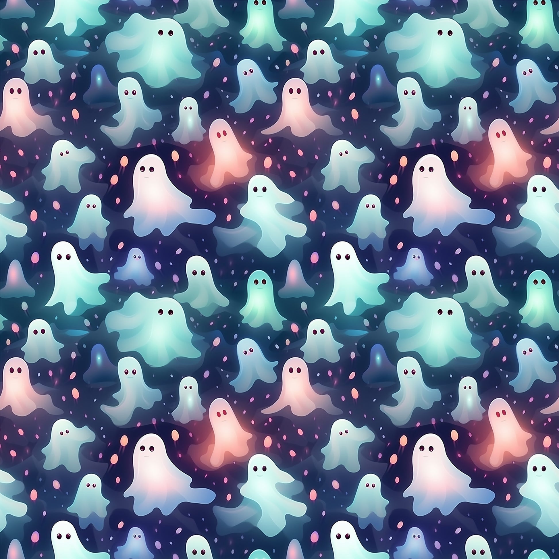 ghost pattern, halloween fabric, quilting cotton, cute ghosts, pastel colors, mint green, coral pink, navy blue, white ghosts, spooky characters, seamless pattern, kawaii style, whimsical design, october theme, supernatural motif, fabric panel, crafting material, floating spirits, starry background, festive pattern