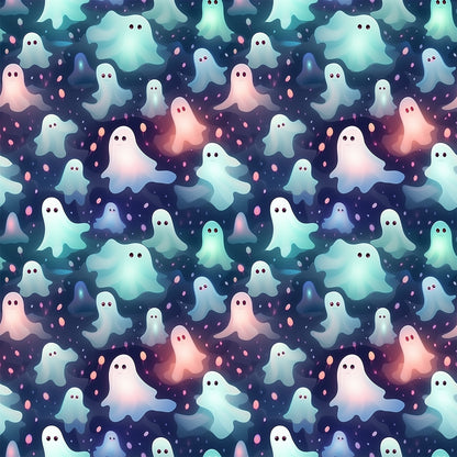 ghost pattern, halloween fabric, quilting cotton, cute ghosts, pastel colors, mint green, coral pink, navy blue, white ghosts, spooky characters, seamless pattern, kawaii style, whimsical design, october theme, supernatural motif, fabric panel, crafting material, floating spirits, starry background, festive pattern