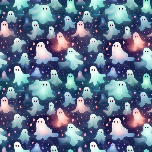 ghost pattern, halloween fabric, quilting cotton, cute ghosts, pastel colors, mint green, coral pink, navy blue, white ghosts, spooky characters, seamless pattern, kawaii style, whimsical design, october theme, supernatural motif, fabric panel, crafting material, floating spirits, starry background, festive pattern
