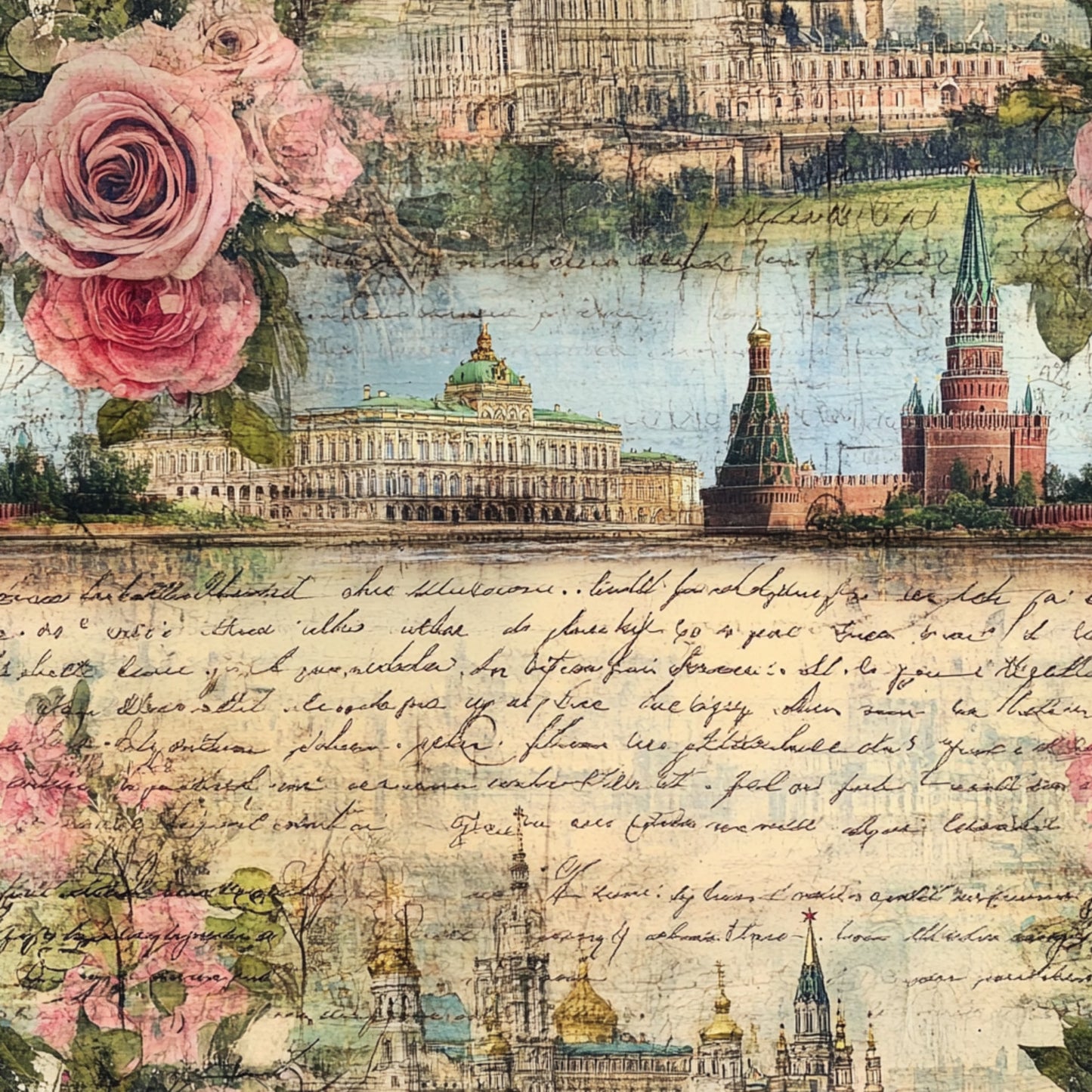 vintage postcard, pink roses, floral motifs, architectural landmarks, handwritten script, muted pastels, sage green, dusty rose, cream background, european buildings, romantic aesthetic, aged paper texture, quilting cotton, fabric panel, nostalgic imagery, travel theme, ornate structures, soft watercolors, layered collage, dreamy atmosphere