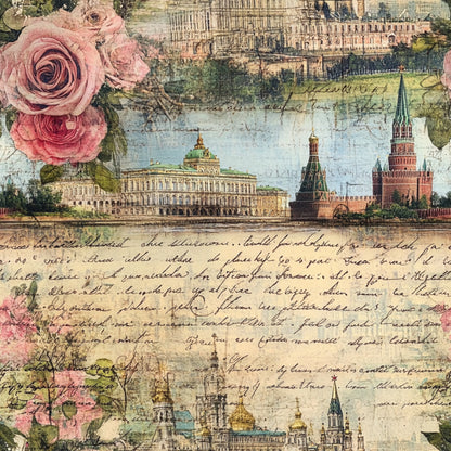vintage postcard, pink roses, floral motifs, architectural landmarks, handwritten script, muted pastels, sage green, dusty rose, cream background, european buildings, romantic aesthetic, aged paper texture, quilting cotton, fabric panel, nostalgic imagery, travel theme, ornate structures, soft watercolors, layered collage, dreamy atmosphere