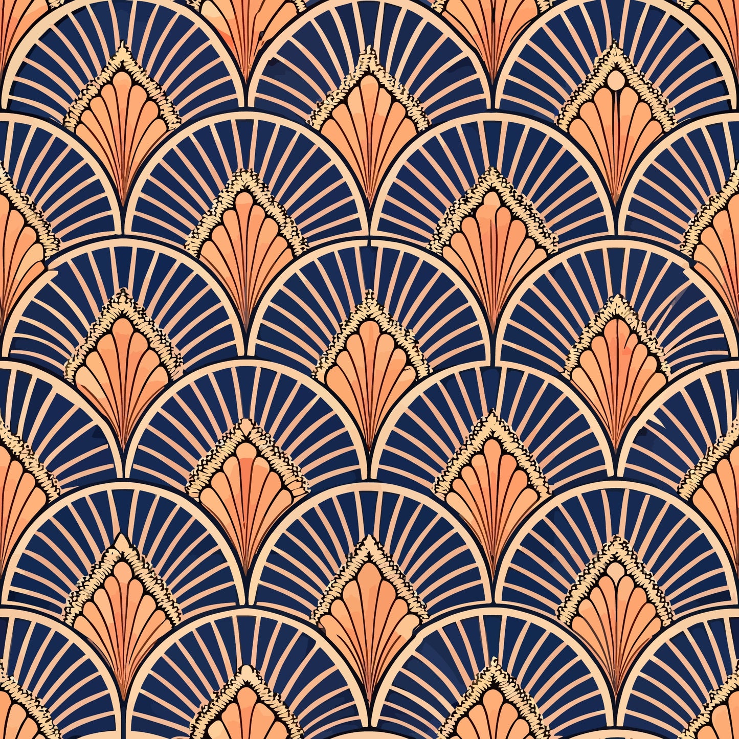 art deco, geometric pattern, fan motif, scalloped design, navy blue, coral orange, peach, cream, radiating lines, repeating pattern, vintage style, 1920s inspired, elegant curves, overlapping scales, quilting cotton, fabric panel, sophisticated design, ornate details, luxurious feel, decorative motifs