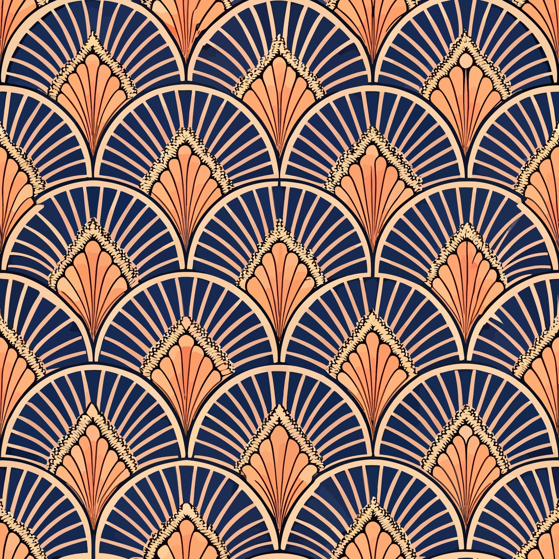 art deco, geometric pattern, fan motif, scalloped design, navy blue, coral orange, peach, cream, radiating lines, repeating pattern, vintage style, 1920s inspired, elegant curves, overlapping scales, quilting cotton, fabric panel, sophisticated design, ornate details, luxurious feel, decorative motifs