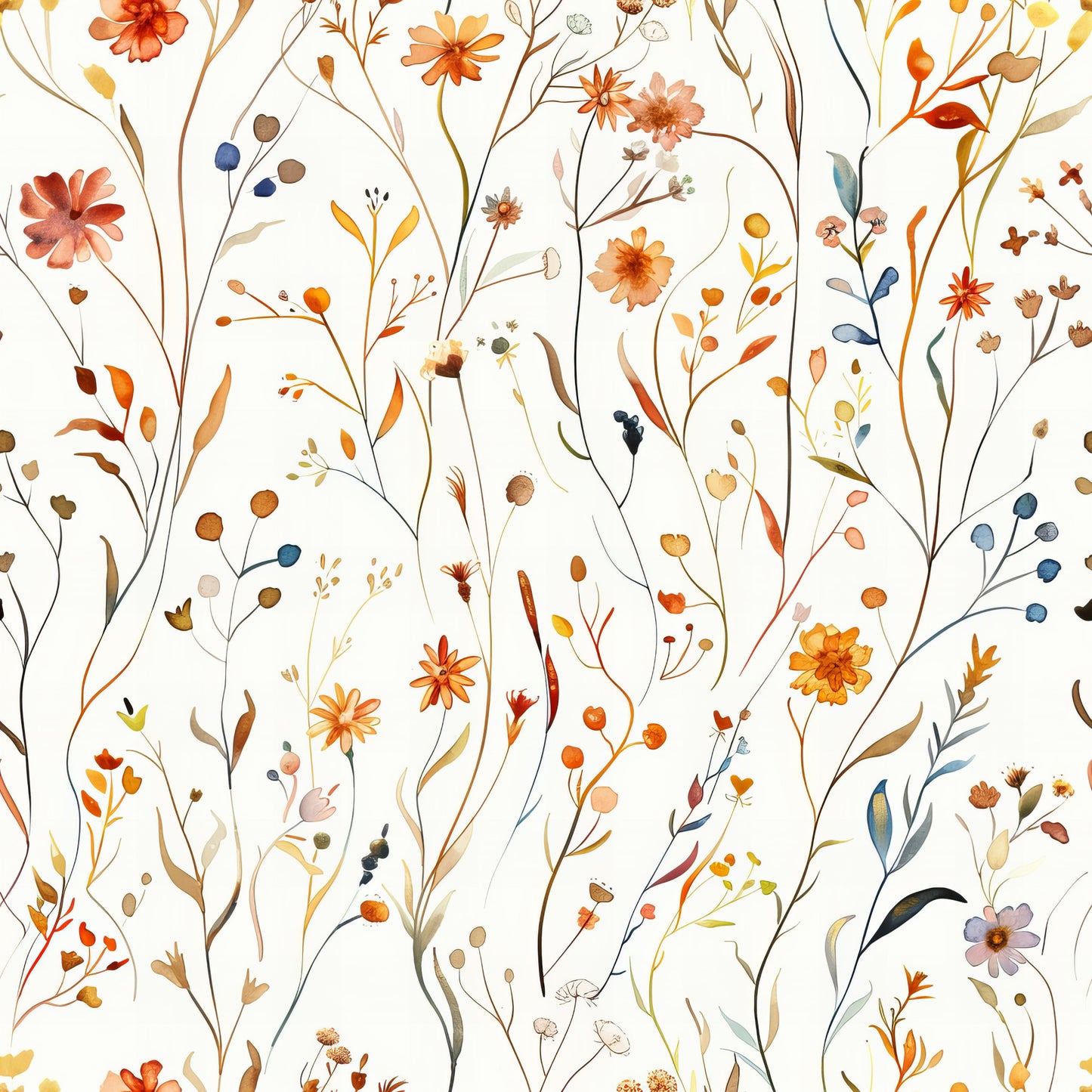 autumn colors, wildflowers, meadow pattern, hand drawn, botanical illustration, orange blooms, coral flowers, blue berries, brown stems, delicate branches, watercolor style, nature motif, quilting cotton, fabric panel, whimsical florals, organic design, scattered blooms, artistic rendering, warm tones, flowing stems