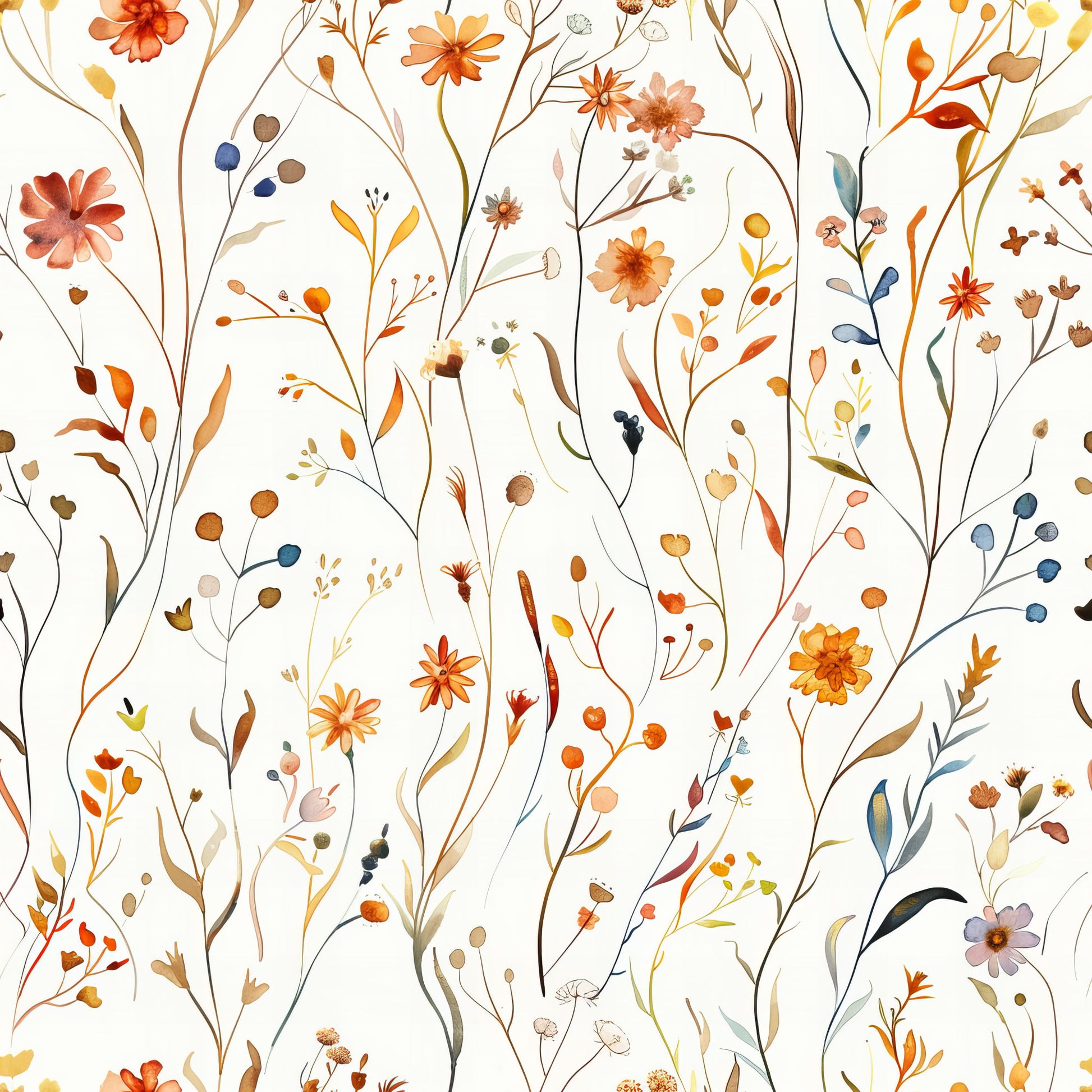autumn colors, wildflowers, meadow pattern, hand drawn, botanical illustration, orange blooms, coral flowers, blue berries, brown stems, delicate branches, watercolor style, nature motif, quilting cotton, fabric panel, whimsical florals, organic design, scattered blooms, artistic rendering, warm tones, flowing stems