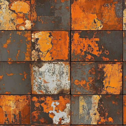 rusty orange, burnt orange, charcoal gray, cream, weathered texture, distressed paint, peeling paint, aged metal, corrosion patterns, rust patina, industrial decay, vintage worn, grid layout, square tiles, oxidized surface, quilting cotton, fabric panel, grunge aesthetic, earthy tones, textured blocks