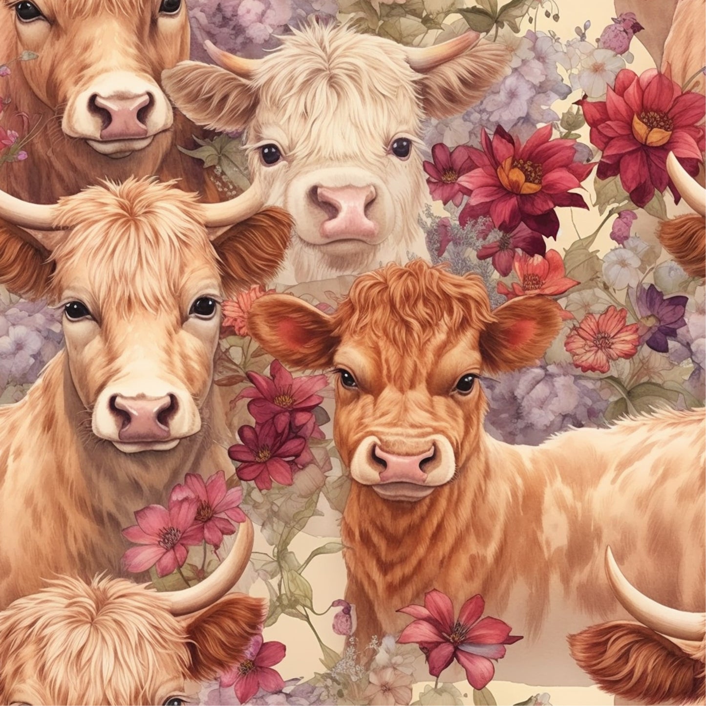 highland cows, floral pattern, quilting cotton, fabric panel, orange fur, cream colored, pink flowers, purple blooms, botanical design, farmhouse style, pastoral scene, warm tones, realistic artwork, detailed illustration, country theme, nature motif, cow faces, mixed florals, soft pastels, rustic charm