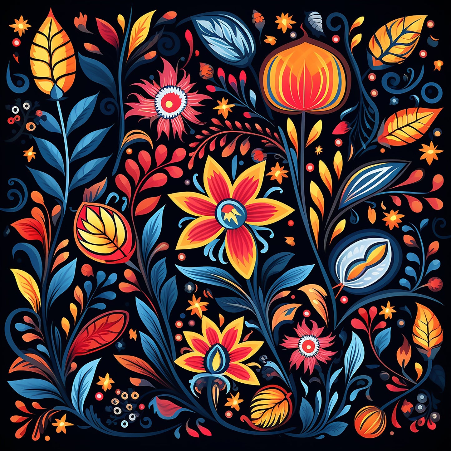 mexican floral, vibrant colors, orange flowers, blue leaves, red petals, yellow blooms, black background, folk art, decorative motifs, swirling vines, botanical pattern, quilting cotton, fabric panel, fiesta colors, ornamental design, floral abundance, warm tones, cool blues, artistic florals, festive pattern