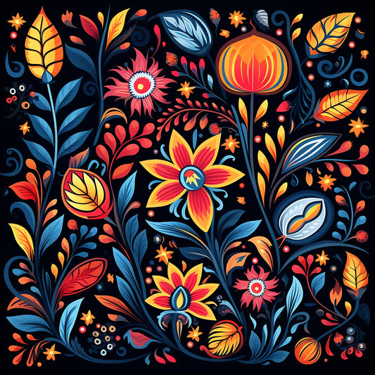 mexican floral, vibrant colors, orange flowers, blue leaves, red petals, yellow blooms, black background, folk art, decorative motifs, swirling vines, botanical pattern, quilting cotton, fabric panel, fiesta colors, ornamental design, floral abundance, warm tones, cool blues, artistic florals, festive pattern