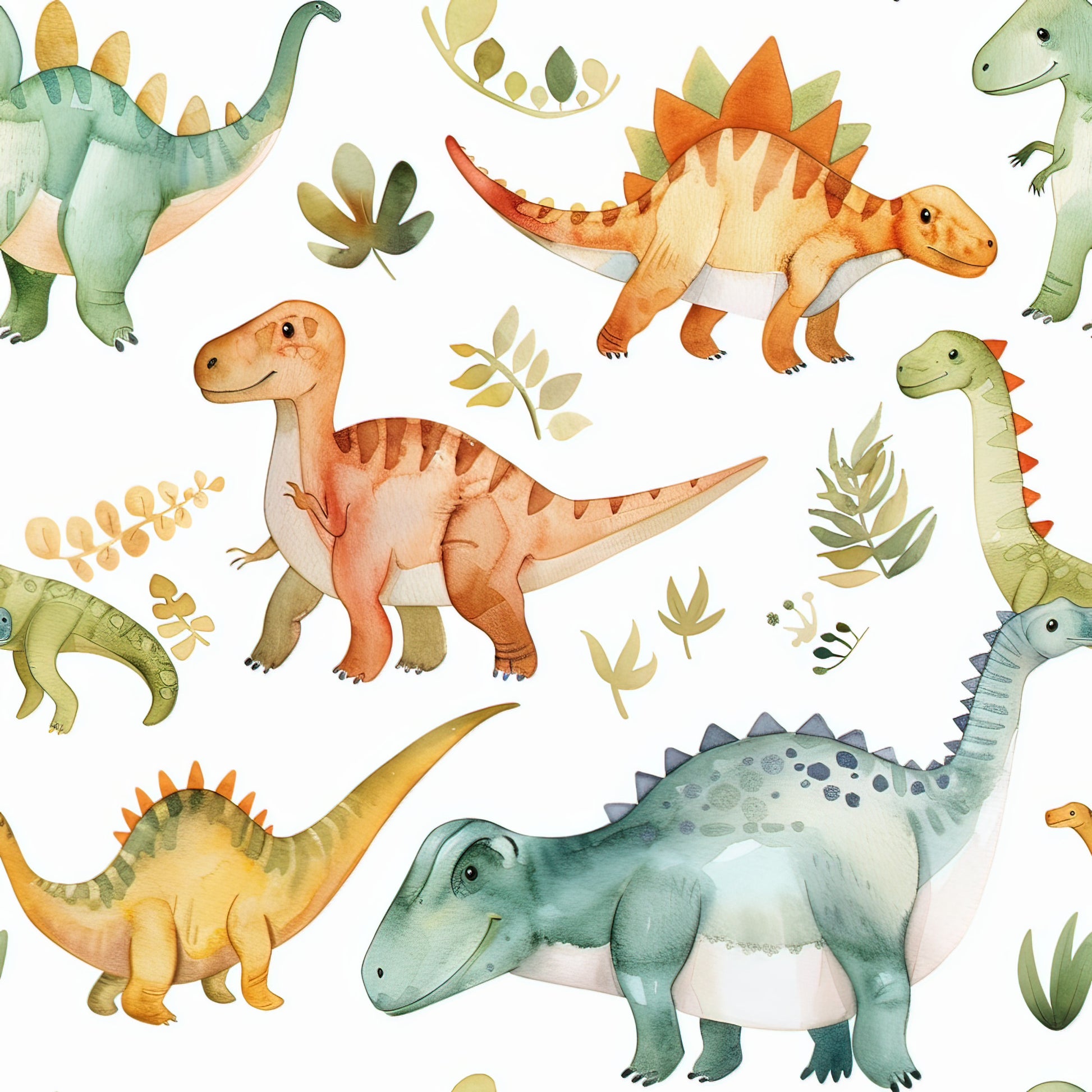 watercolor dinosaurs, prehistoric creatures, stegosaurus, brontosaurus, triceratops, green dinosaurs, orange dinosaurs, yellow dinosaurs, botanical leaves, fern patterns, quilting cotton, fabric panel, children's fabric, nursery theme, soft pastels, hand-painted style, repeating pattern, cute dinosaurs, jungle foliage