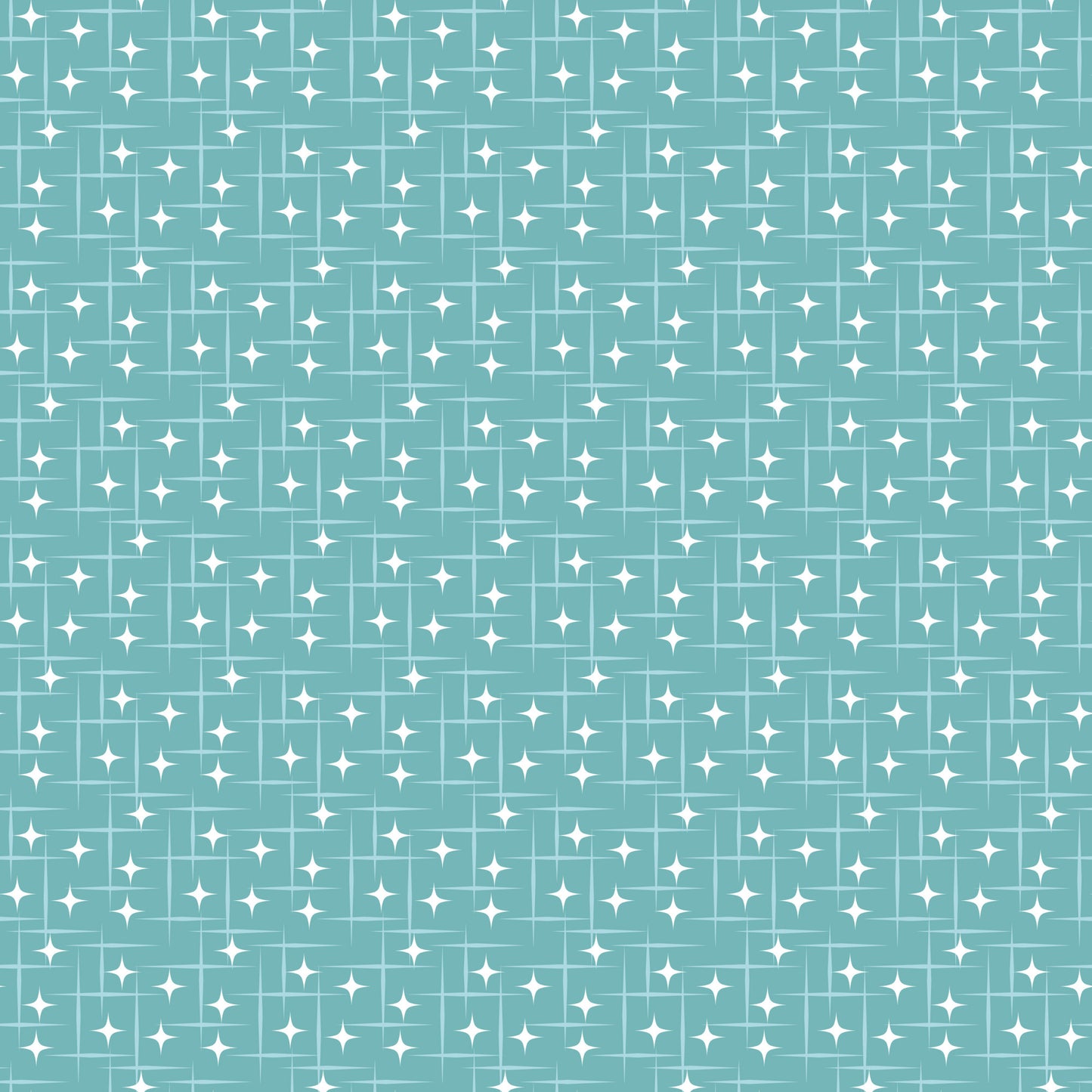turquoise, teal, white, atomic starburst, mid-century modern, retro pattern, geometric stars, diamond shapes, repeating motif, grid layout, sparkle design, vintage style, quilting cotton, fabric panel, crafting material, nostalgic feel, 1950s inspired, celestial motifs, decorative stars