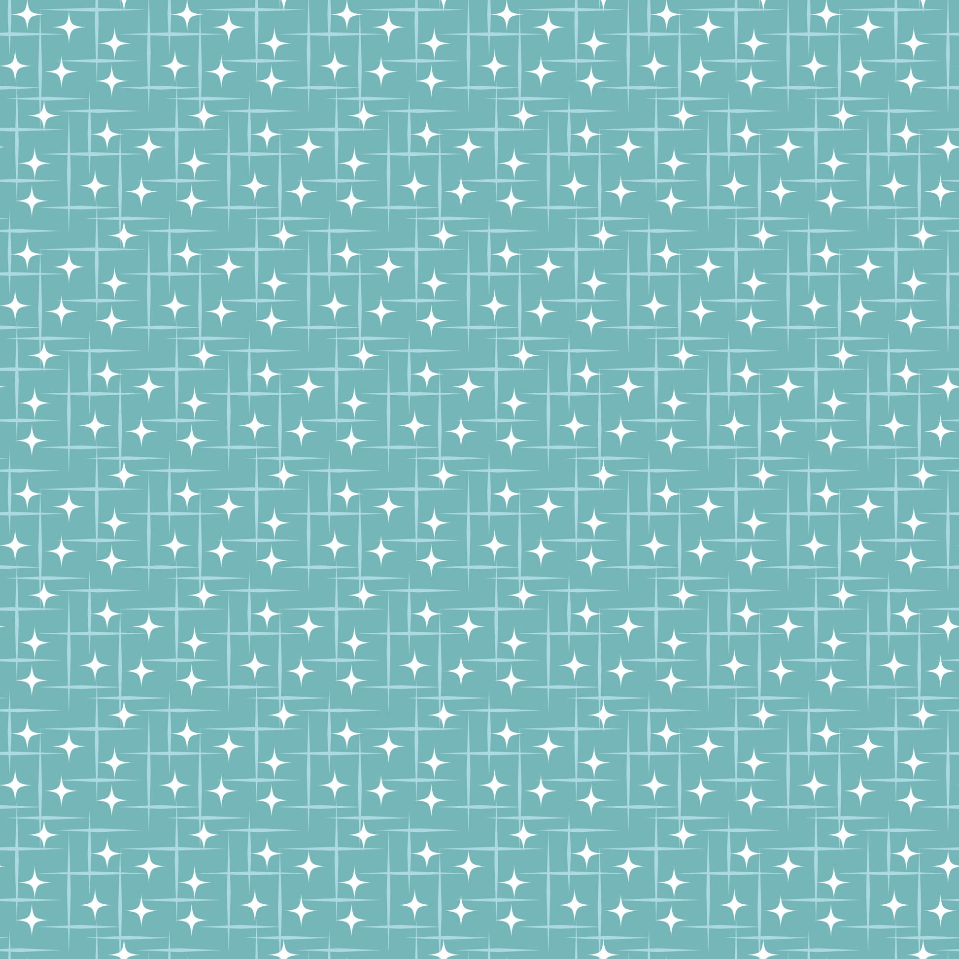 turquoise, teal, white, atomic starburst, mid-century modern, retro pattern, geometric stars, diamond shapes, repeating motif, grid layout, sparkle design, vintage style, quilting cotton, fabric panel, crafting material, nostalgic feel, 1950s inspired, celestial motifs, decorative stars
