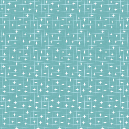 turquoise, teal, white, atomic starburst, mid-century modern, retro pattern, geometric stars, diamond shapes, repeating motif, grid layout, sparkle design, vintage style, quilting cotton, fabric panel, crafting material, nostalgic feel, 1950s inspired, celestial motifs, decorative stars