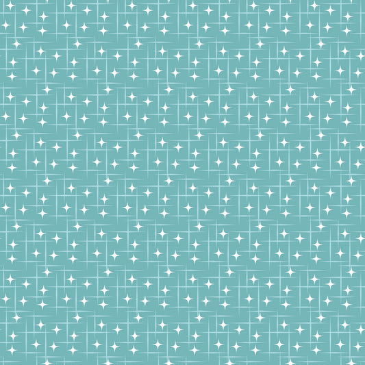 turquoise, teal, white, atomic starburst, mid-century modern, retro pattern, geometric stars, diamond shapes, repeating motif, grid layout, sparkle design, vintage style, quilting cotton, fabric panel, crafting material, nostalgic feel, 1950s inspired, celestial motifs, decorative stars