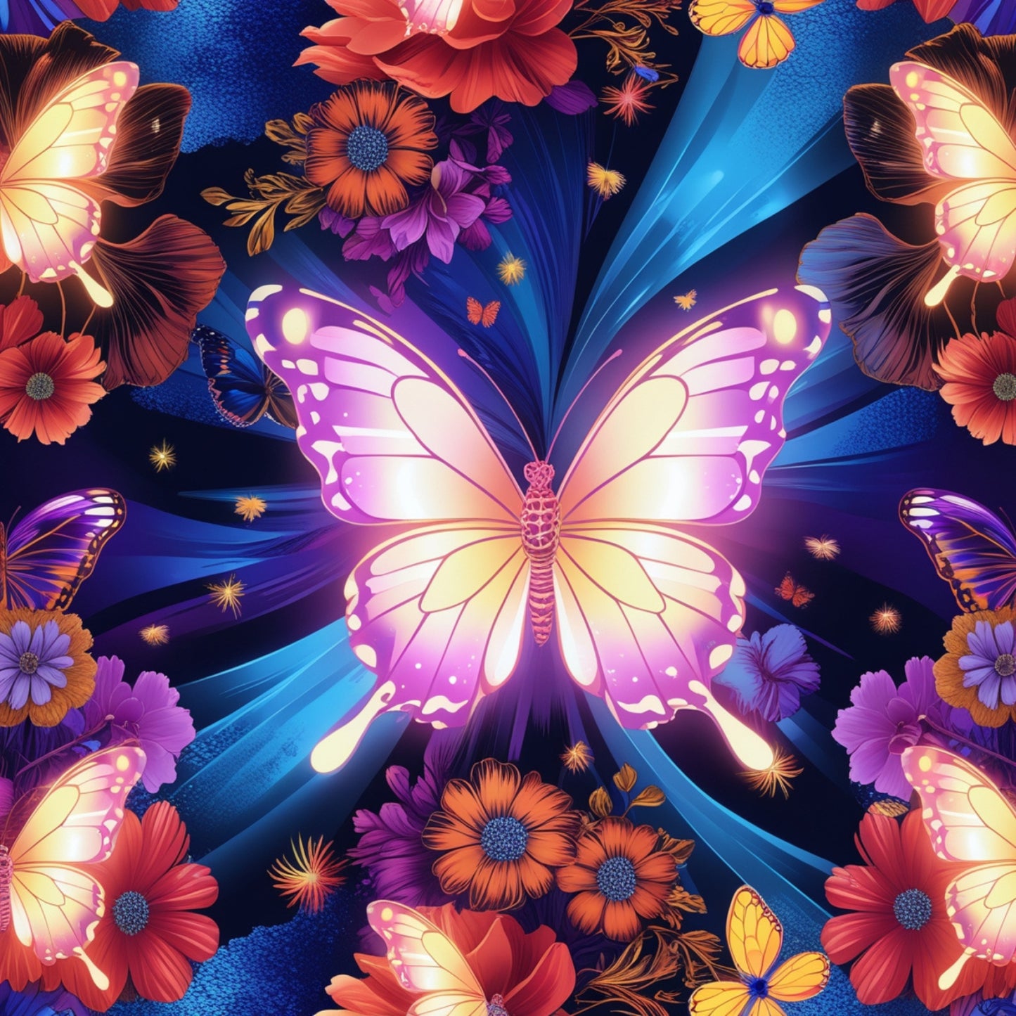 fantasy butterflies, quilting cotton, fabric panel, vibrant purple, electric blue, coral pink, orange flowers, luminous wings, radial sunburst, floral motifs, magical glow, ethereal design, nature inspired, bright colors, decorative butterflies, fantasy art, digital print, cotton fabric, whimsical pattern, enchanted garden