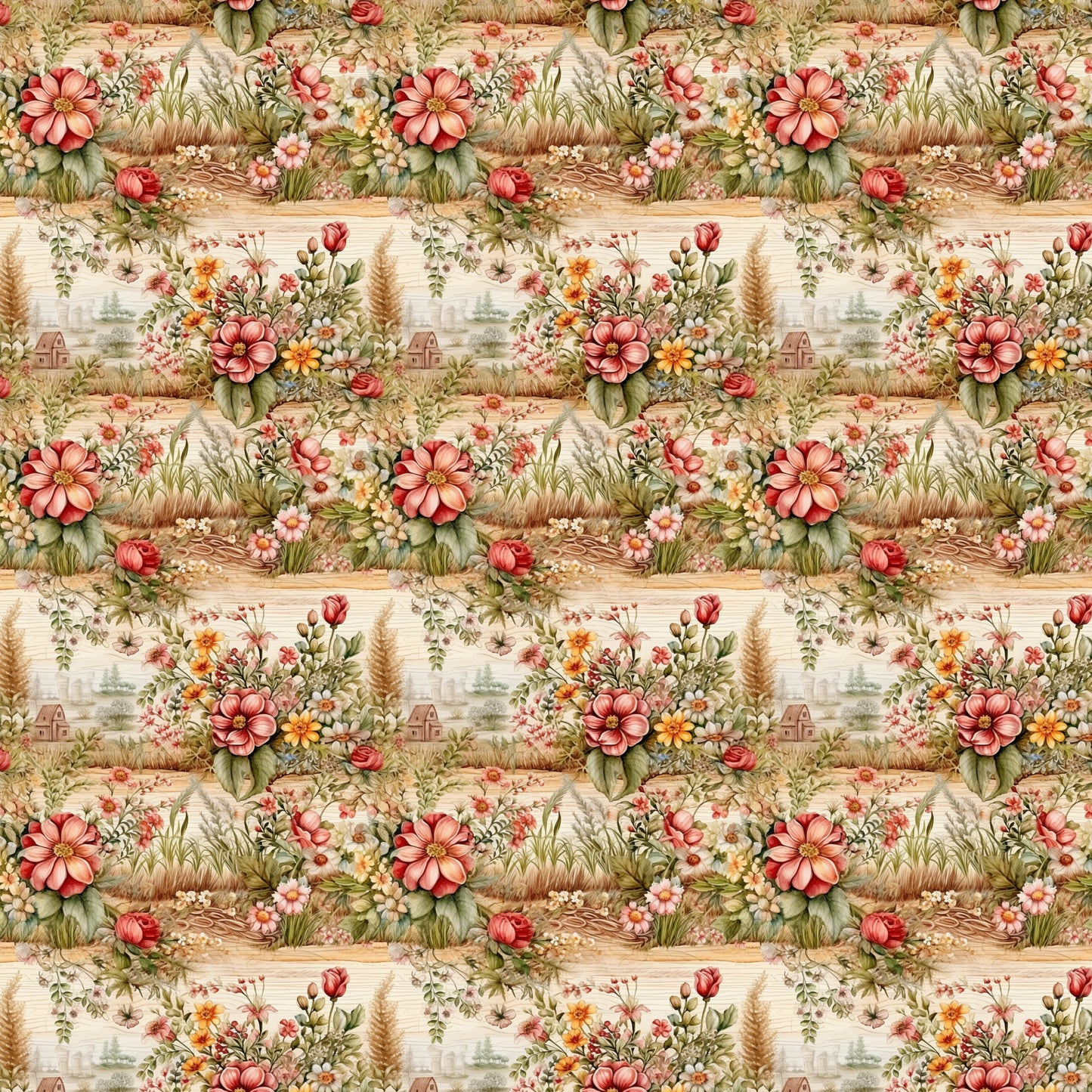 pink flowers, coral blooms, green foliage, cream background, floral pattern, cottage garden, roses, daisies, pastoral scene, countryside landscape, vintage style, romantic florals, quilting cotton, fabric panel, botanical design, soft pastels, garden motif, repeating pattern, english garden, whimsical illustration