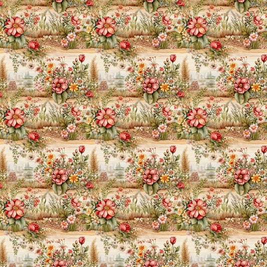 pink flowers, coral blooms, green foliage, cream background, floral pattern, cottage garden, roses, daisies, pastoral scene, countryside landscape, vintage style, romantic florals, quilting cotton, fabric panel, botanical design, soft pastels, garden motif, repeating pattern, english garden, whimsical illustration