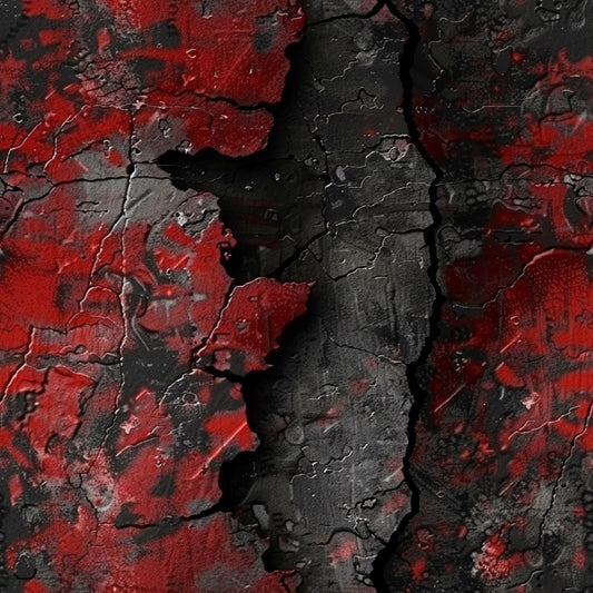 red, black, grunge, distressed, cracked, weathered, abstract, textured, quilting cotton, fabric panel, aged, worn, industrial, dark, moody, peeling paint, rough surface, vintage, deteriorated, gritty